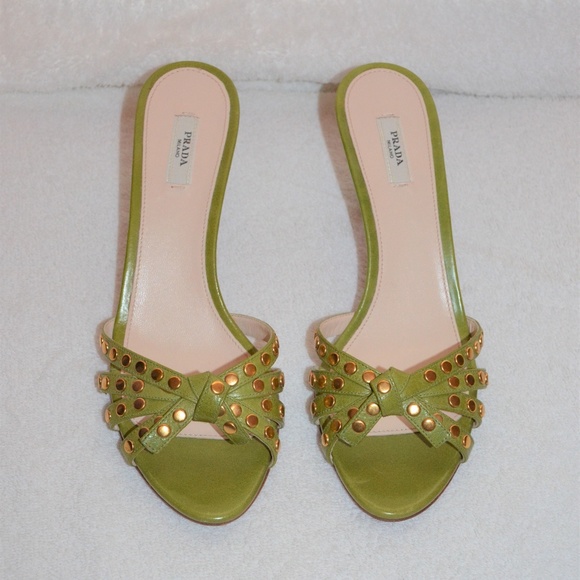Prada Green Gold Studded Slip On Kitten Heels - Picture 1 of 6